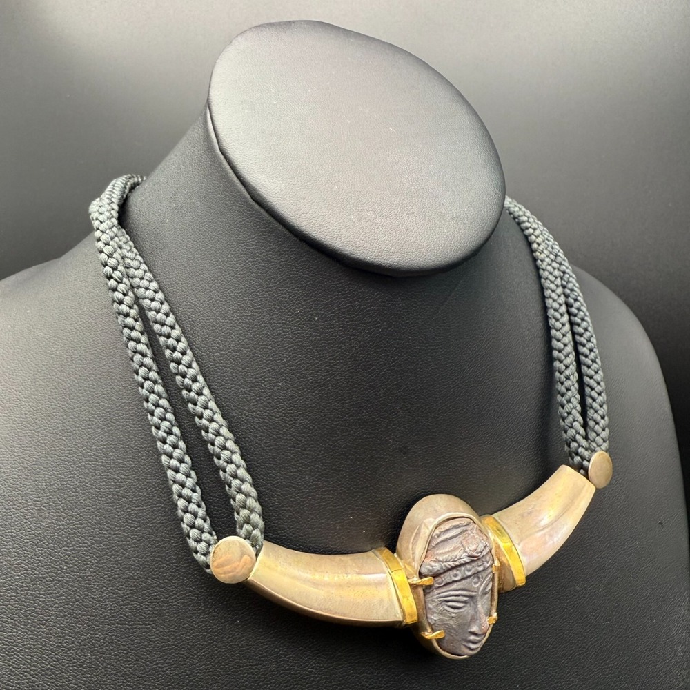 1942 Signed Tribal Pendant Necklace Silver Gold Carved Face Artisan Jewelry